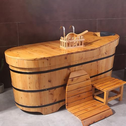 MegLob Mobile Freistehende Hölzerne Badewanne Mit Badschale, Alle Größe Massivholz Badewanne Beleuchtet, Spa Deep Soaker Mit Badestuhl, Klassischer Japanischer Körper,150cm/59.05