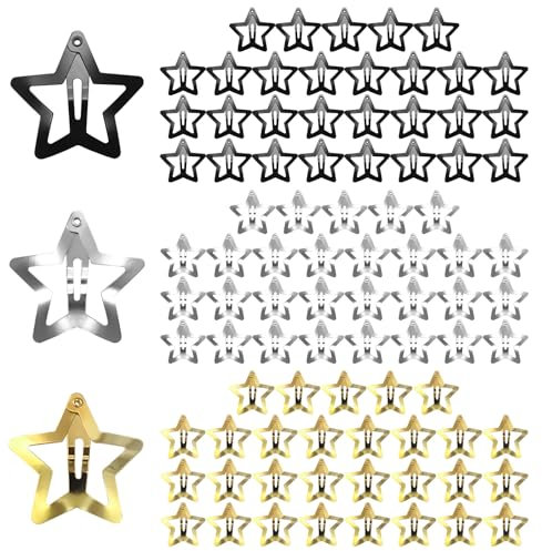 Modixun 90 Stück 3 cm Stern-Haarspangen, Stern-Clips, 2000er-Jahre, Haar-Accessoires, rutschfeste Metall-Haarspangen, niedliche Haarspangen, Kawaii-Haarspangen für Damen, Silber + Gold + Schwarz