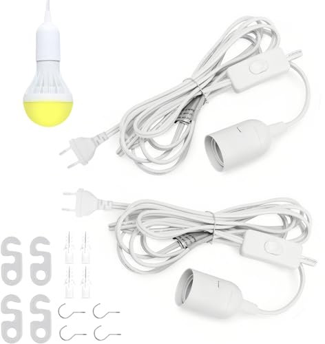 2 Stück E27 Lampenfassung mit Kabel, Fassung E27 mit Schalter, E27 Steckdosenadapter, 2M Netzkabel und EU Stecker für DIY Lampen, Lampenaufhängung, Pendelleuchte, Wohnzimmer, Küche Weiß