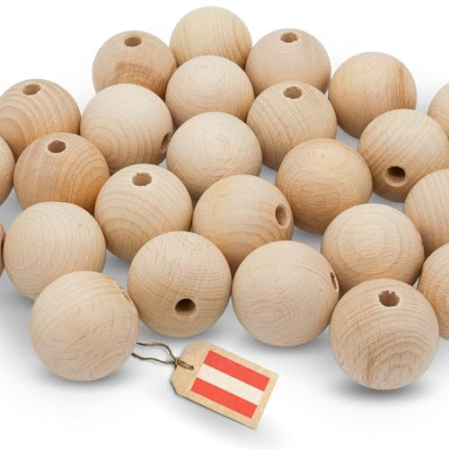 EV® Holzkugeln mit Loch - 22 Stück 40mm Durchmesser - Made in Austria - Große Holzperlen mit 8mm Bohrung, Gedrechselt aus Hochwertigem Buchenholz