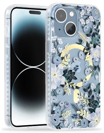 SCORPIFY für iPhone 15 hülle mit blauem Nemophila Blumen Design [kompatibel mit Magnetic], süße magnetische Blumen Telefonabdeckung mit goldenen Akzenten für Frauen und Mädchen