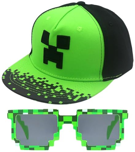 TIUASHR Minnecrafft Baseballmütze, 2PCS Minnecrafft Baseballkappe und Sonnenbrille Baseball Cap Kinder Sonnenhut Verstellbar Baseboard Mütze Basecap Kappe Cap Sonnenmütze für Boys Girls Ab 3 Jahren
