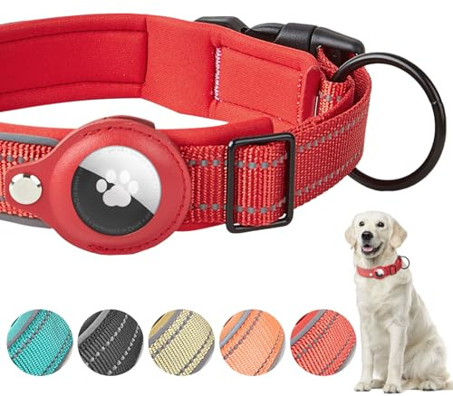 Boloshine AirTag Hundehalsband, Verstellbares Reflektierend Halsband Hund, Integriertes Apple Air Tag Hundehalsband Weich Gepolstertes für Große Mittelgroße Kleine Hunde (Rot, M)