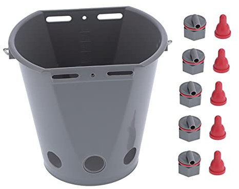 Qukaim Milchfütterungswerkzeug, 8 l, Futtereimer, lebensmittelechter Kunststoff, Milchfutterfass mit 5 Nippeln, Grau für Lamm
