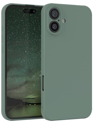EAZY CASE Coque de protection en silicone pour iPhone 16 Plus, en silicone vert foncé, souple, résistante aux chocs, avec protection de l'appareil photo, fine, protection en TPU, antichoc, vert mat