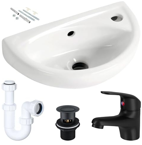 Small Compact Wall Hung Bathroom Basin Sink with Matt Black Tap, Waste & P-Trap