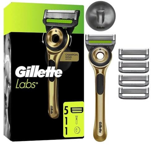 GilletteLabs mit Reinigungs-Element, Rasierer für Männer Champion Gold Edition, 1 Handstück - 1, beinhaltet Wandhalterung für einfache Lagerung im Badezimmer