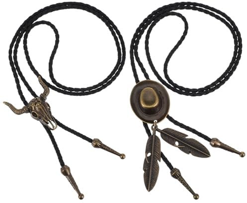 AOZUO 2 Stück Bolo Krawatte, Western Cowboy und Cowgirl Tie Vintage Leder Krawatte Handgefertigt Hut Feder Halskette Anhänger für Männer Frauen(Braun)