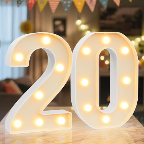 Ledido Letrero de números de marquesina con luz LED, números iluminados fríos y cálidos para decoraciones de cumpleaños número 20, luces LED para boda, aniversario, graduación, hogar, dormitorio, mesa
