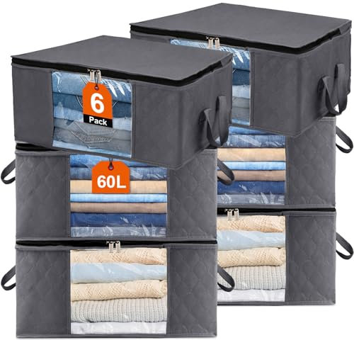 Withosent Lot de 6 Sac de Rangement Vetement, 60L Grand Boite Rangement Vetement en épais Non-tissé, Pliables Organisateurs avec Poignée pour Couette Literie Couvertures Oreillers Jouets