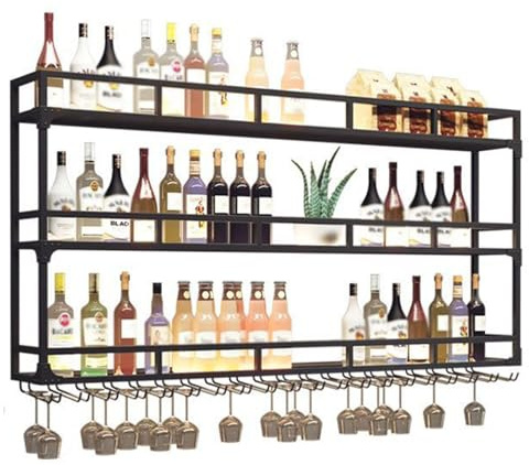 Casier à vin mural avec support de verre à LED, étagères à 3 niveaux pour bouteilles d'alcool, organisateur de rangement, verres à pied longs suspendus en métal,Black-150x90cm
