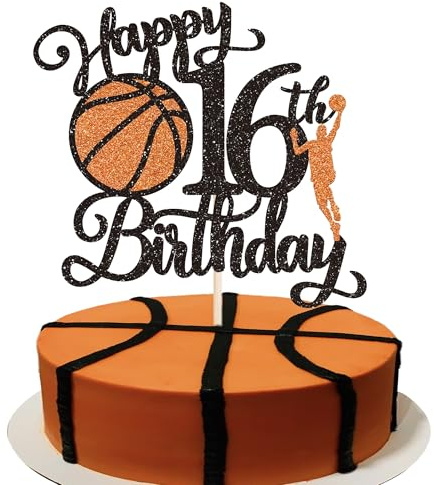 Xsstarmi 1 Pack Happy 16th Birthday Cake Topper Black Glitter Basketball Sports Cake Pick Cheers to 16 Years Cake Decorations for Basketball Theme Birthday Party Supplies