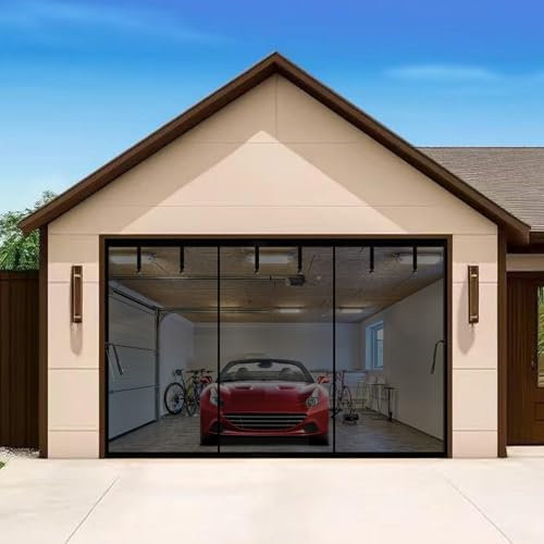 Magnetic Garage Door Screen for 16ft 2 3 Car Doors Durable Fiberglass Heavy Duty Mesh Garage Door Net, Pets Friendly Retractable Carport Garage Patio Porch RV Screen Curtain (Black, for 18x9ft)