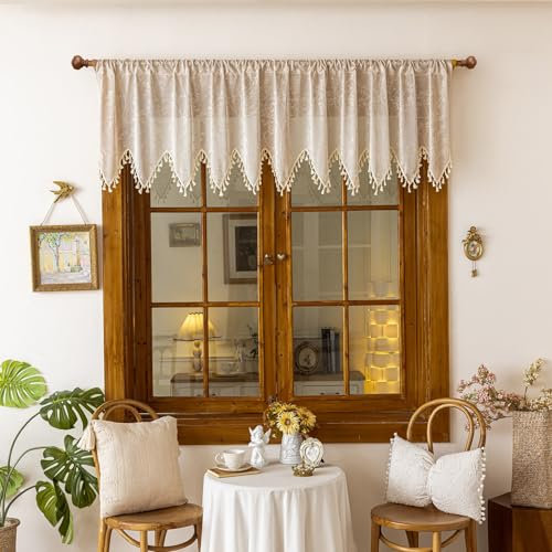 champracer Kurzgardinen Dreieckiger Gardine Spitze Scheibengardinen Küchenvorhänge modern transparent Kurzer Vorhang für Küche Wohnzimmer Landhaus (180 * 60cm,Beige)