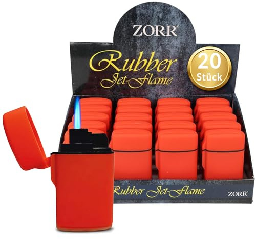Zorr® Sturmfeuerzeug 20er Box Rot – Hochleistungs-Jetflame bis 1300 °C, Premium Soft-Touch Oberfläche, Windresistent, Nachfüllbar & Einstellbare Flamme, Outdoor, Camping (Rot 20er Box)