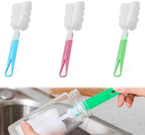 3-Pack Long Handle Bottle Brushes - Extra Soft Sponge & Durable Bristles for Baby Bottles, Cups, Mugs & Narrow Containers - Dishwasher Safe Cleaning Brush Set