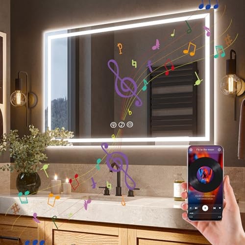 Ratsamee Badspiegel mit Beleuchtung LED, 100x70cm Bluetooth Spiegel mit Light, Wandspiegel mit Frontbeleuchtung, Antibeschlagfunktion, Dimmbar, mit 3 Einstellbaren Lichtfarben