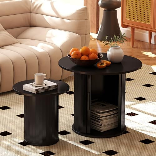 60CM Nesting Coffee Table Set of 2 with Hidden Storage & Sliding Door, Circle Wood Coffee Table, Farmhouse Side & End Table Sets for Living Room, Small Spaces, Black