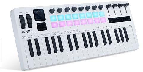 M-VAVE SMK 37 Pro 37 Tasten MIDI Keyboards-Controller 16 RGB hintergrundbeleuchtete anschlagdynamische Drum Pads integrierter Akku 8 belegbare Drehregler 4 Fader BT kabellos kompatibel mit DAWs