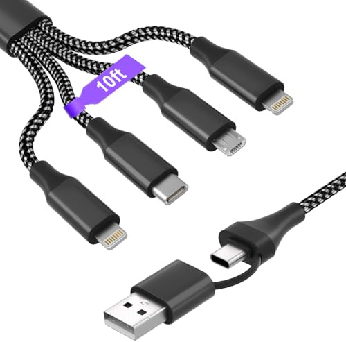KETAKY Plus Câble de charge universel 4-en-1, 3 m [certifié MFi], ports USB-A/C vers 2×Lightning/Type-C/Micro-USB. Compatible iPhone/Android (Type-C non pris en charge pour iPad/iPhone 15/16/17)