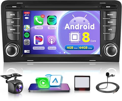 8 Core 4G+64G Wireless Carplay Android Autoradio für Audi A3 8P A3 8P1 S3 RS3 8P RS3 Sportback 7 Zoll Autoradio mit Android Auto Navi GPS WiFi Mirror Link Bluetooth FM/RDS/DSP EQ/SWC Rückfahrkamera