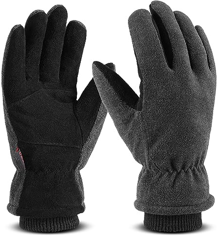 OZERO Winterhandschuhe Herren Damen Skihandschuhe Hirschleder Gefüttert | Winddicht, Fleecefutter mit 100 g Wattierung, Präzise Größentabelle für Radfahren, Roller und Spazieren