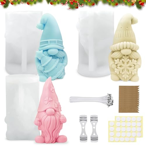 3 Stück Silikonform Weihnachten Wichtel, Silikonformen Gießformen Weihnachten, 3D Weihnachten Kerzenform, DIY Silikonform für Handwerk, Gießformen Silikon für Duftkerzen Ornamente Geschenke