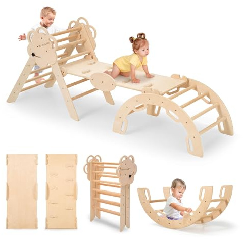 COSYLAND 3-in-1 Climbing Frame – Wooden Indoor Playset with Slide and Arch Rocker for Kids (Wood Color)