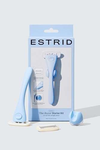 Estrid Rasierer Sky Starterset, Damenrasierer Set mit 5-Klingen-System, Veganer Feuchtigkeitsstreifen, 2 Ersatzklingen, Wandhalterung, Sky Blue