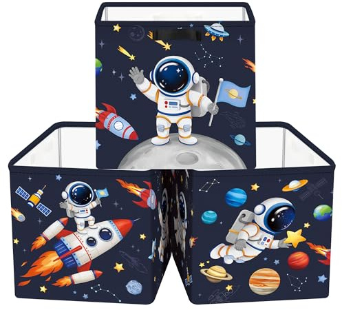 Clastyle 3 Stück Kosmischer Weltraum Aufbewahrungsbox Stoff für Kallax Faltbar Aufbewahrungskorb Klein Schrank Organizer Kleiderschrank für Regal, Planet, 30x30x30 cm
