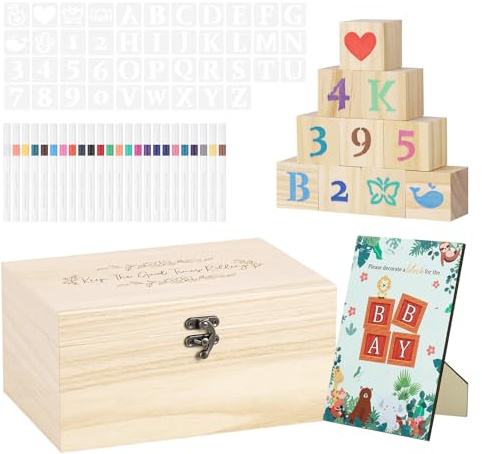 Hahorpa 120Pcs Baby Shower Games Kit, Funny Babyshower Games Sign, 52Pcs Blank Wooden Blocks And 24 Markers For Guests Diy, Baby Shower Game Girls Boys, Wooden Box With Decorations For Gender Reveal