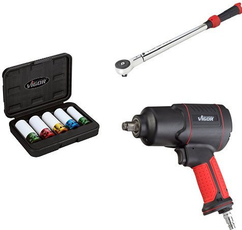 VIGOR V2257 Schlagschrauber-Steckschlüssel-Satz, 5teilig + Drehmoment-Schlüssel, 40 - 200 Nm, V3441 + Schlagschrauber Vierkant 12,5 mm 1/2 Zoll, Hochleistungs-Doppelhammer-Schlagwerk, V4800