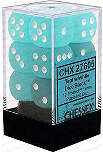Chessex 16mm d6 with pips Dice Blocks (12 Dice) - Frosted Teal w/White