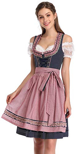 KOJOOIN Vestido de Mujer Dirndl Vestido Formal - Vestido a Media Pierna de Disfraz de Oktoberfest （3 Piezas ： Vestido, Camisa, Delantal） para Vestido De Cóctel De Fiesta