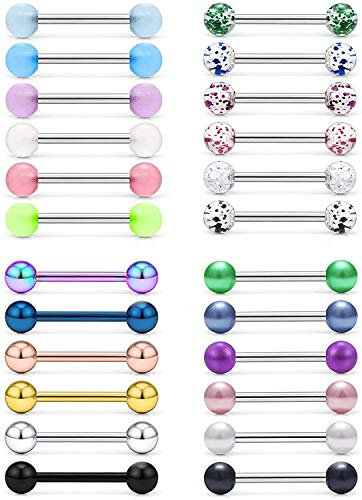 VF VFUN 14G Brustwarzenpiercing Zungenpiercing Set Edelstahl Perle Glitzer Kugeln Straight Barbell Piercing Körperschmuck Damen Herren Stablänge 14MM