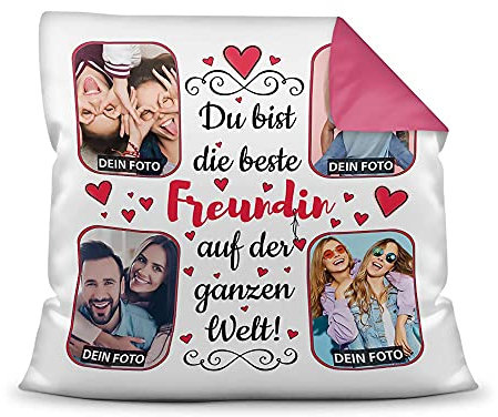 Kissen mit Füllung zum selbst Gestalten mit 4 Fotos - Für die Beste Freundin - Hochwertige Kissenhülle mit Reißverschluss, Rückseite Pink, 40 x 40 cm