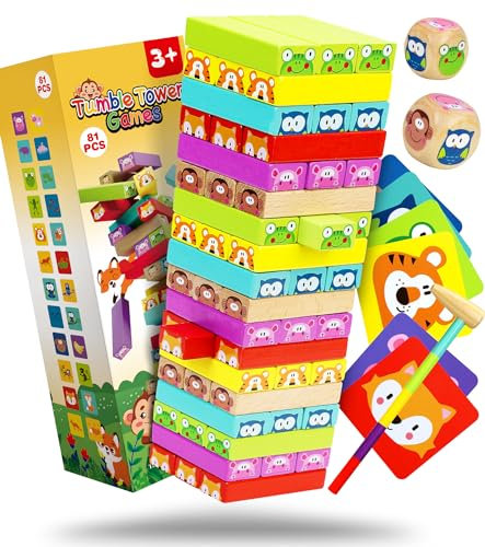 COOJOMMY Empilables Tour en Bois Jouet Enfant 3 Ans | Anniversaire Cadeau Enfants 3 4 5 6 Ans+ | Jeux de Société Adulte Famille | Jeux Educatif 3 à 9 Ans