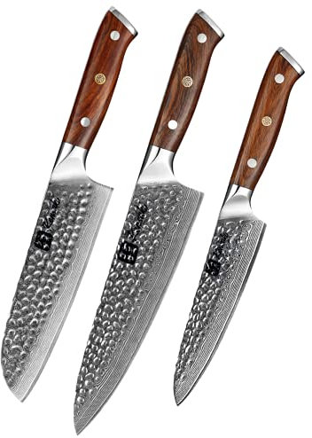 Kensaki 3er Messerset aus Damaszener Stahl Küchenmesser Japanischer Art hergestellt aus 67 Lagen Damaststahl Gehämmert Tetsu Serie KEN-153 3er Set