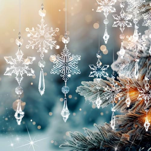 Boao 15 Stücke Weihnachten Ornamente Baumschmuck Kristall Acryl Schneeflocke Tropfen Girlande Klare Träne Kronleuchter Anhänger Kristall Perlen Ornamente für Weihnachten Hängend Hochzeit Feier