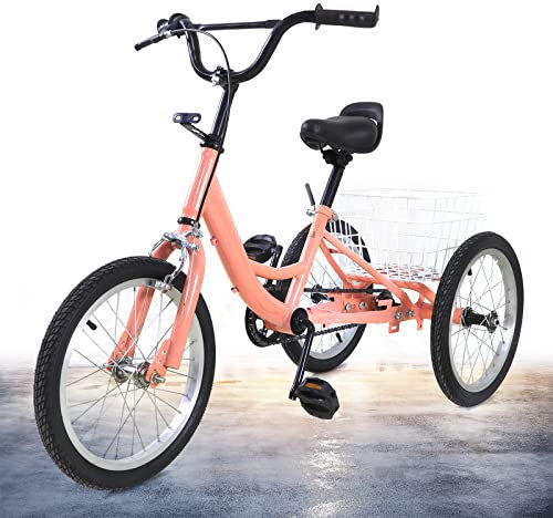 16-Zoll Kinder Dreirad Single Speed, Orange Fahrrad 3 Räder+Großem Korb, 18T Schwungrad
