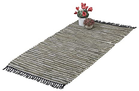 Relaxdays Flickenteppich, 70x140 cm, Baumwolle & Leder, Teppichläufer, Fransen, rutschfest, Fleckerlteppich, grün/beige