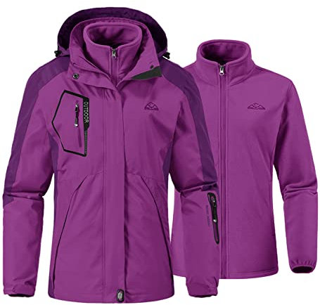 YSENTO Damen 3-in-1 Skijacke Winter Fleecejacke wasserdichte Winddichte Warme Funktions Outdoor Softshell Jacke mit Abnehmbarer Kapuze(Violett,L)