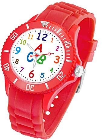 Taffstyle Kinder Armbanduhr Silikon ABC Zahlen Motiv Sportuhr Analog Quarz Bunte Sport Uhr Farbige Kinderuhr Mädchen Junge Lernuhr 34mm Rot