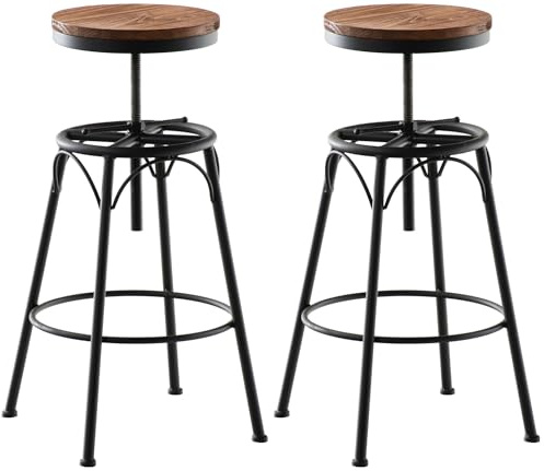 CLP 2er-Set Barhocker Beam Mit Holzsitz Und Metallgestell I Sitzhocker mit runder Sitzfläche I Höhenverstellbar Drehbar | Farbe schwarz