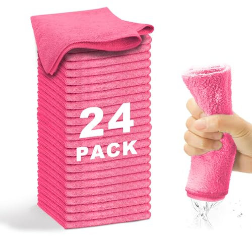 WEAWE 24 Paños de Bayeta Microfibra (30,5 x 30,5 cm), Suaves, Absorbentes, Reutilizables Multiusos Limpieza Cocina, Coche, Cristales, Balletas Microfibra (Rosado)