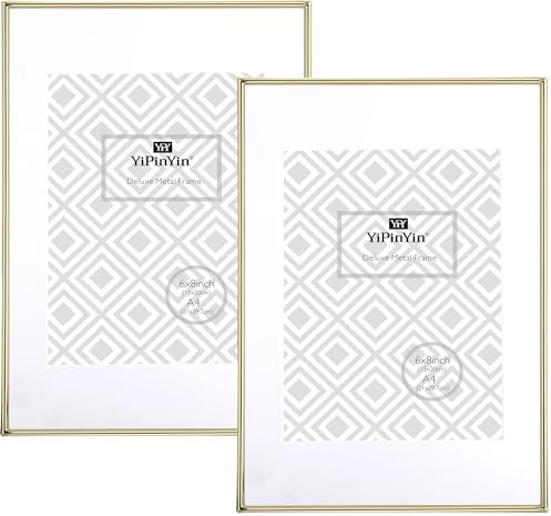 A4(21x29.7cm) Gold Metal Picture Frame with Mat for 6x8'' Set of 2, Elegant Narrow Plated Photo Frames A4 With Soft Touch Velvet Backing for Desktop and Wall Décor