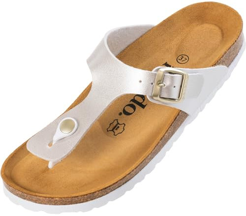 Palado Zehentrenner Damen Kos Metallic – gefertigt in Spanien – Obermaterial mit metallischer Optik – Weichfußbett – Veloursleder-Decksohle Altsilber UK4,5 - EU37