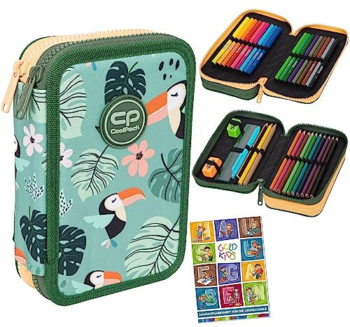 COOLPACK 2-fache Federtasche Federmappe Federmäppchen Toucans Tukane 35-teilig Schüleretui Stifte und Pinsel Fanartikel inkl. Aufgabenheft Federbox Etui Stiftetasche Schlamper-Etui Schul-Etui