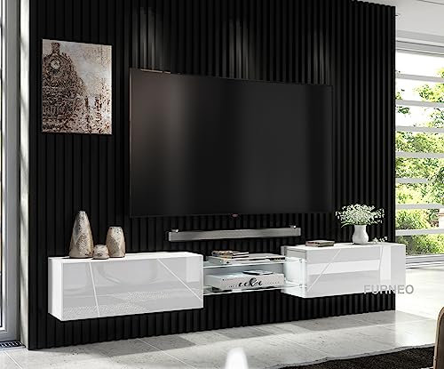 Furneo Art 02 – White Floating TV Cabinet Wall Unit, 230 cm, High Gloss & Matt Finish, White LED Lights