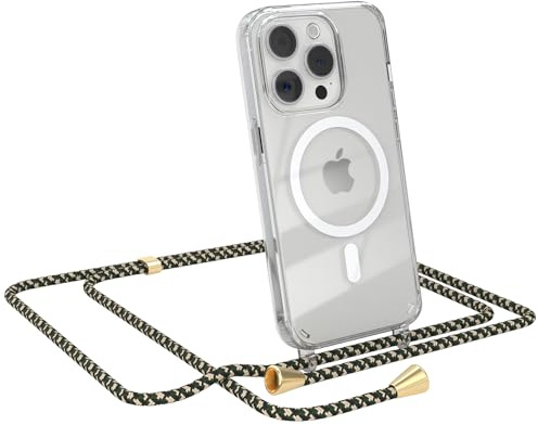 EAZY CASE - Handykette kompatibel mit iPhone 15 Pro Kette zum Umhängen Stoßfest Handyhülle für iPhone 15 Pro Silikon Hülle mit Band Handytasche Transparent als Fallschutz in Grün Camouflage